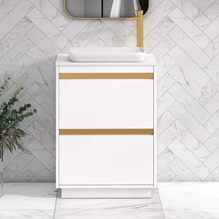 Royal Bathrooms Orion 600mm Matt White Floor Standing 2 Drawer Vanity Unit with Qubix Basin and Brushed Brass Accent Trim