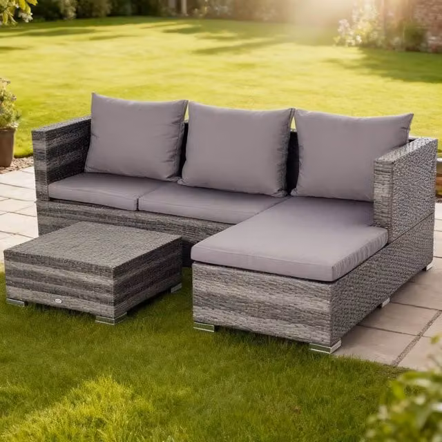 ERGOVEXA 3 Piece Grey Rattan Garden Furniture Set with Upholstered Cushions and Coffee Table