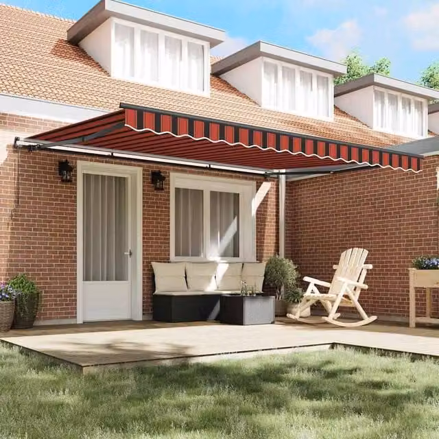 Berkfield Home Manual Retractable Folding Arm Awning in Orange and Brown Striped Acrylic Fabric, W: 450 cm, D: 350 cm