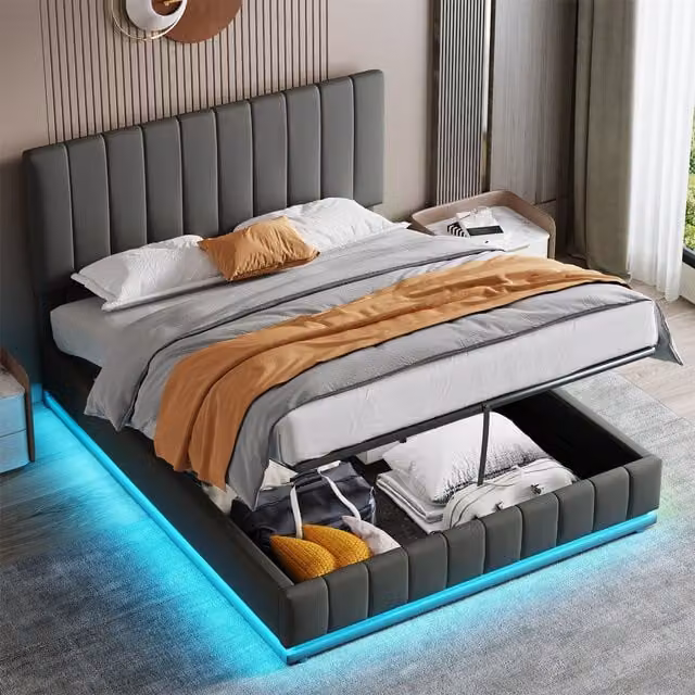 AKA Grey PU Leather Upholstered King Size Ottoman Bed with LED Under-Bed Lighting and Hydraulic Storage W/D/H: 180 x 200 cm