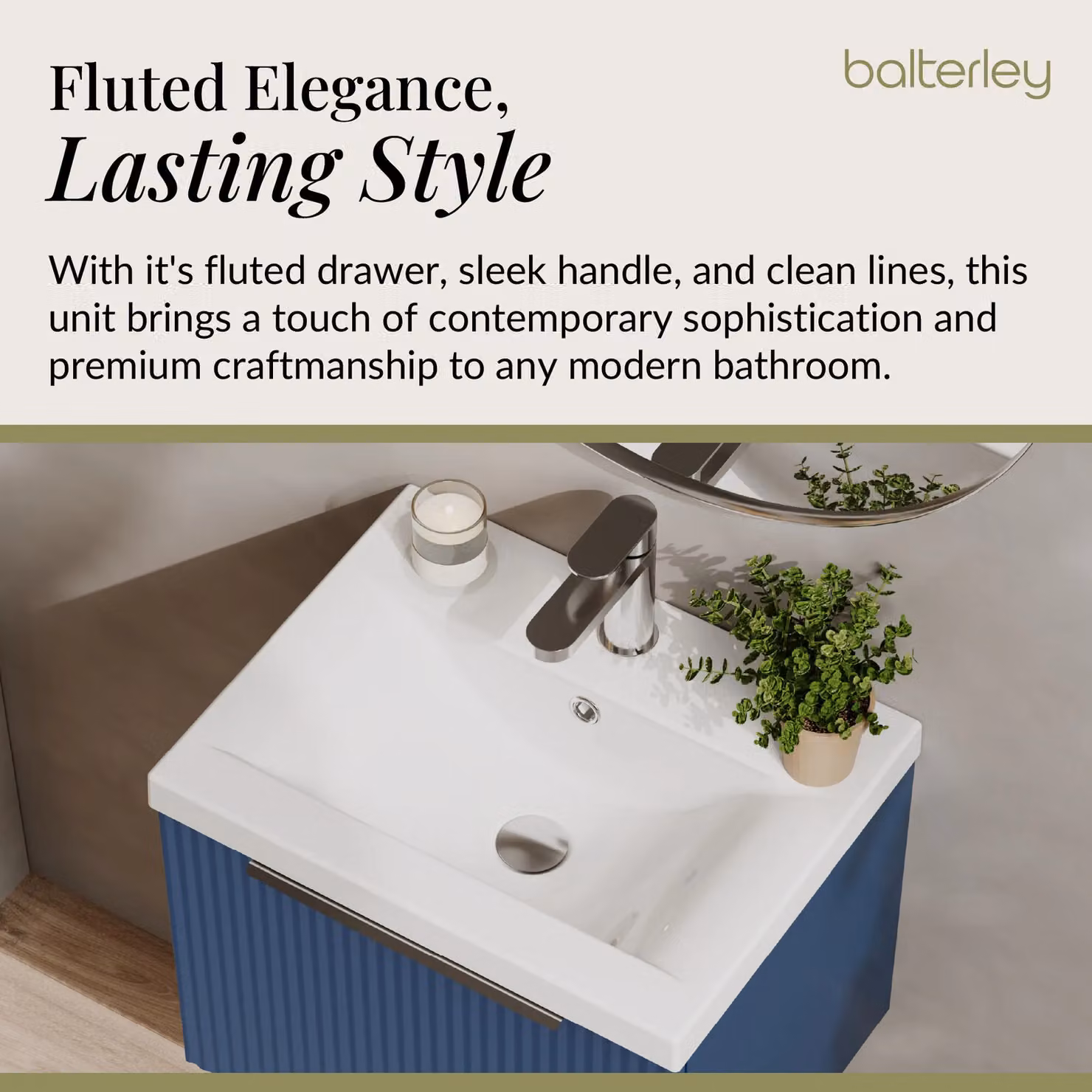 Balterley Fluted Wall Hung 1 Drawer Vanity Basin Unit and Basin, Satin Blue, Width: 50 cm – 3