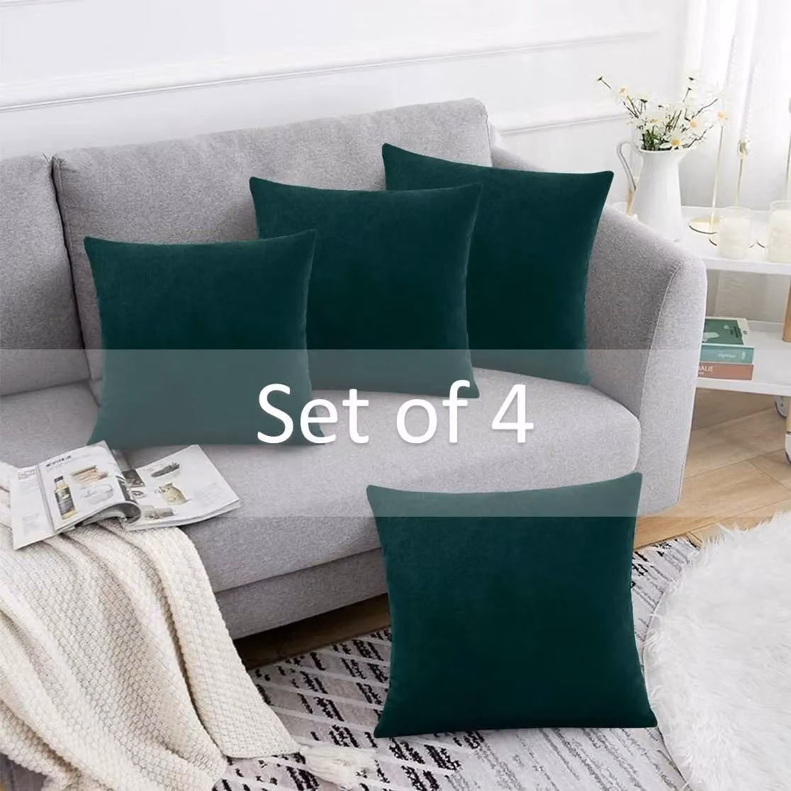 Luxor Living Set of 4 Green Velvet Chenille Square Cushions with Removable Covers, W/D/H: 45 x 45 x 45 cm – 2