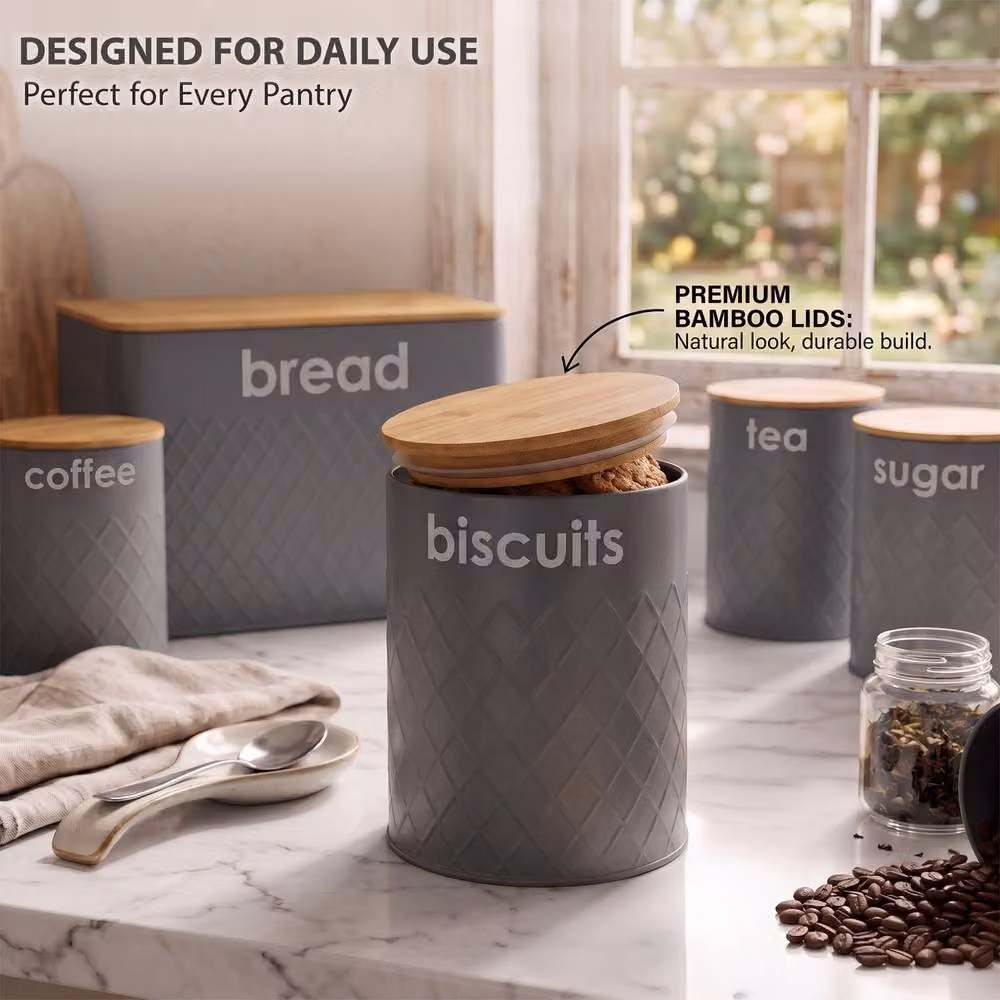 Crystals Grey 5 Piece Airtight Kitchen Storage Set with Bread Bin and Matching Geometric Canisters – 8