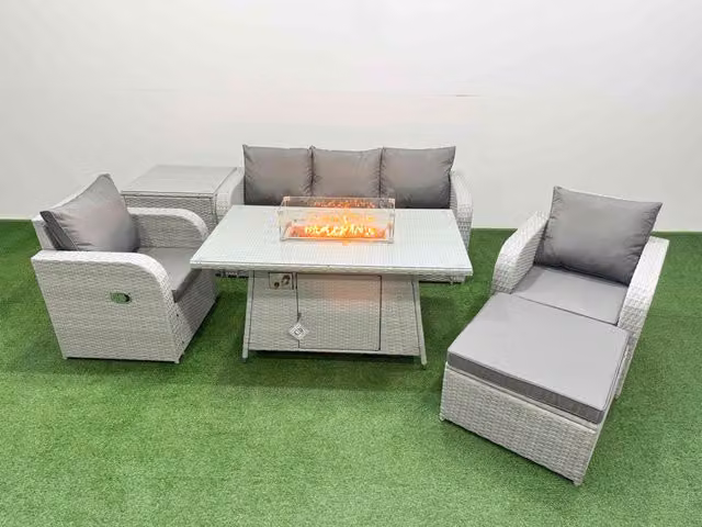 Fimous PE Rattan Garden Furniture Set in Light Grey with Reclining Chairs, Sofa, Firepit, Dining Table, Side Table and Large Footstool