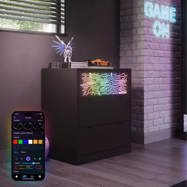 X Rocker NeoNite Circuit Edition 3 Drawer Chest in Black with App Controlled Integrated LED Lighting