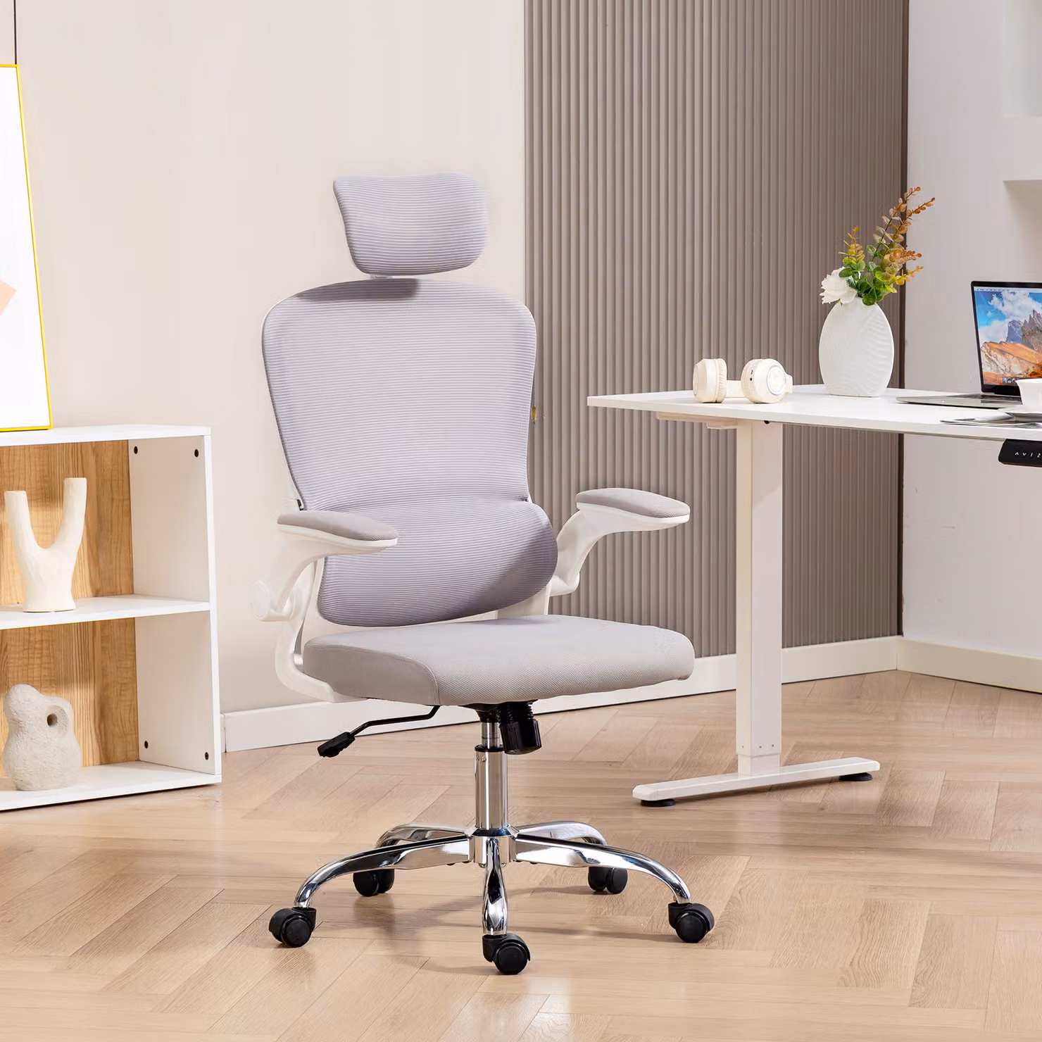 HOMCOM Grey Fabric Mesh Back Task Chair with Headrest and Lumbar Support, W/D/H: 60.0 x 43.0 x 120.0 cm – 2
