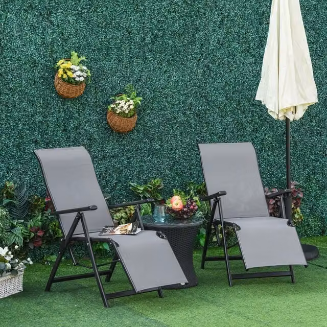 Outsunny Set of 2 Grey Outdoor Sun Loungers with 10-Position Adjustment and Armrests