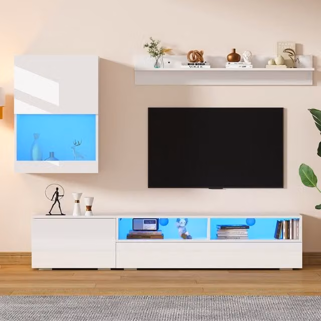 Tokpiedi Modern 3 Piece White Glossy Entertainment Centre with Wall Shelf