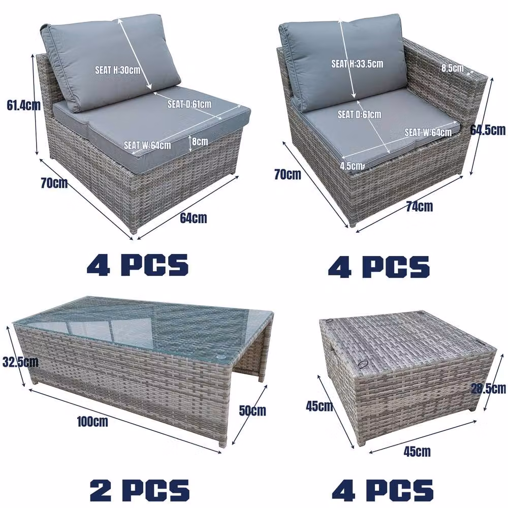 FURNITURE ONE 14 Piece Grey PE Rattan Garden Sofa Set for 12 Adults with Upholstered Cushions and Coffee Table – 5