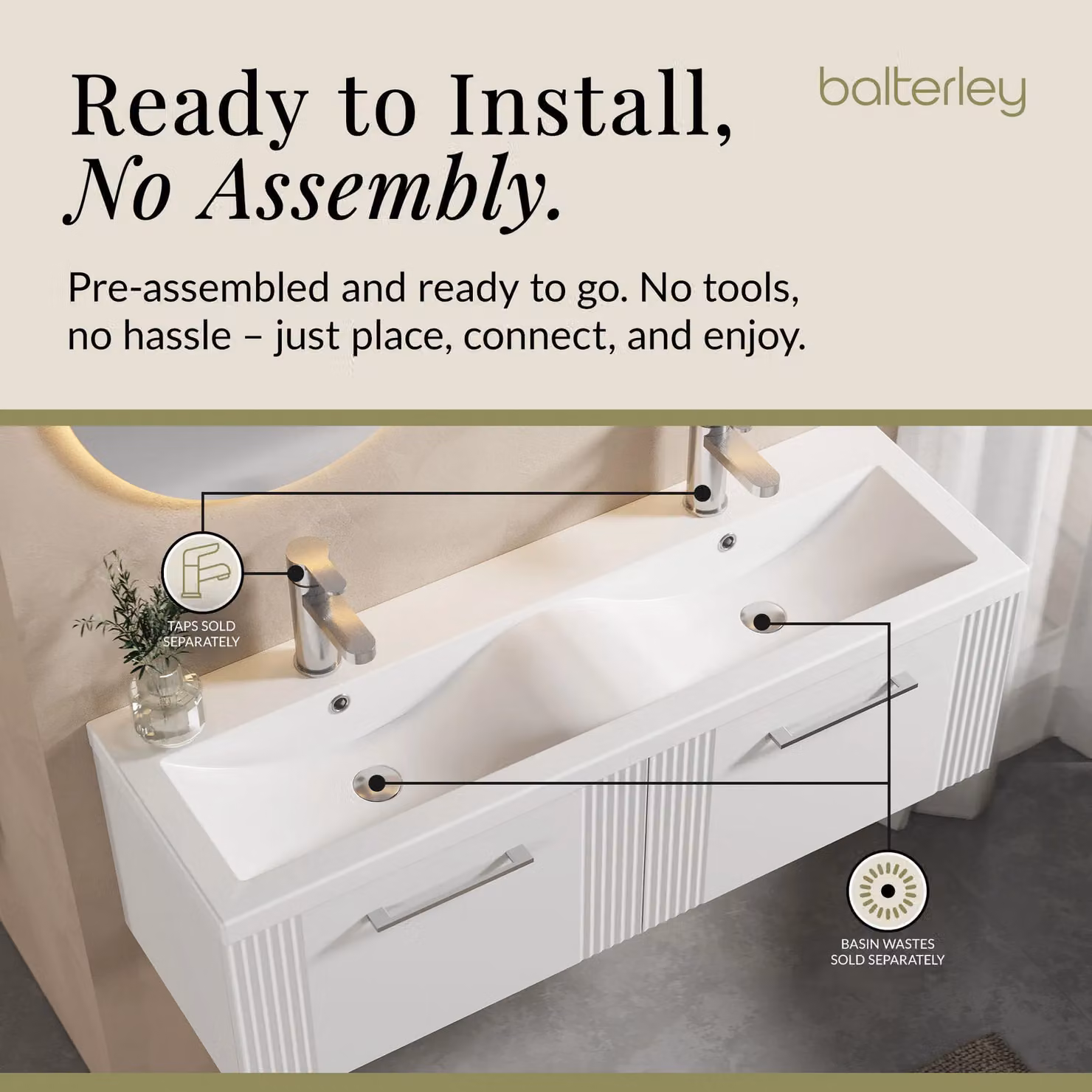 Balterley Wall Hung 2 Drawer Vanity Unit with 2 Ceramic Basins, Satin White, W: 120 cm – 2