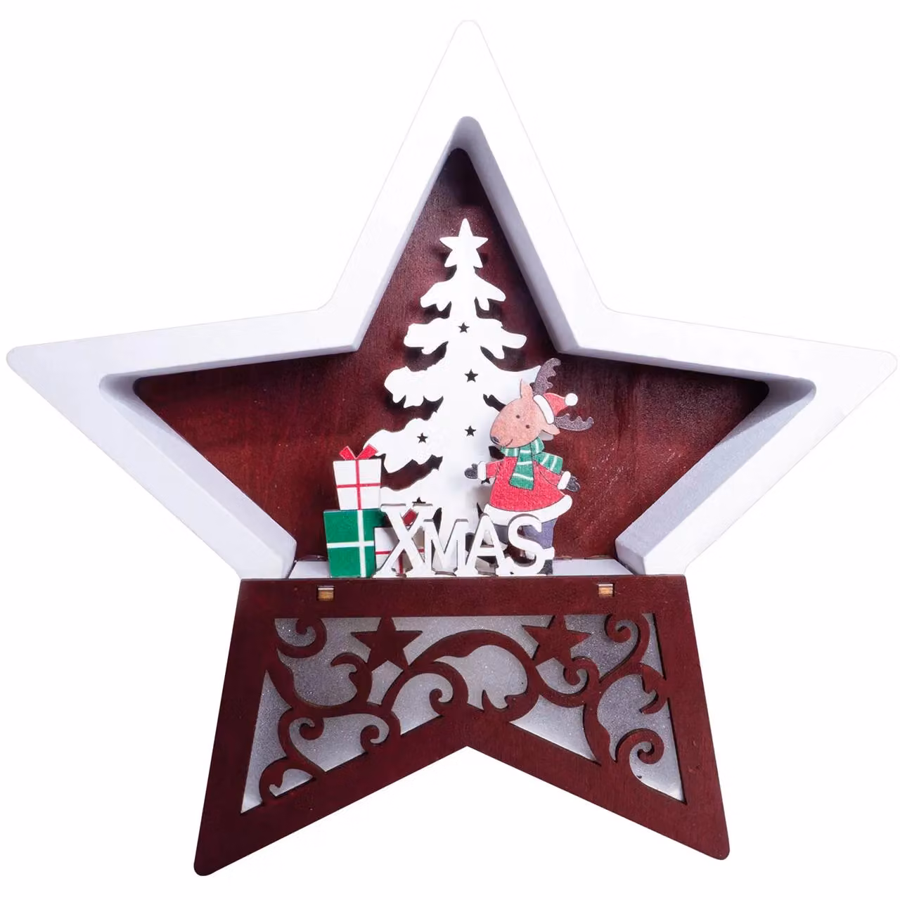 mysmartbuy Wooden Light Up Christmas Star Festive Scene Ornament with Reindeer and Tree Carving, White and Multicolour LED Decoration, H 19 x W 19 x D 3.5 cm – 5
