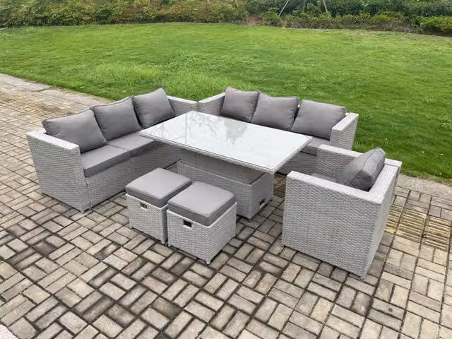 Fimous 9 Seater Outdoor PE Rattan Garden Furniture Set in Light Grey with Adjustable Rising Lifting Table and Armchairs