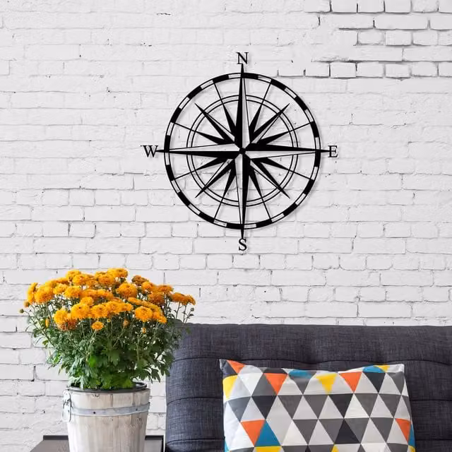 Decortie Compass Modern Metal Wall Art Ornament in Black, W/D/H: 45 x 45 x 45 cm – 1