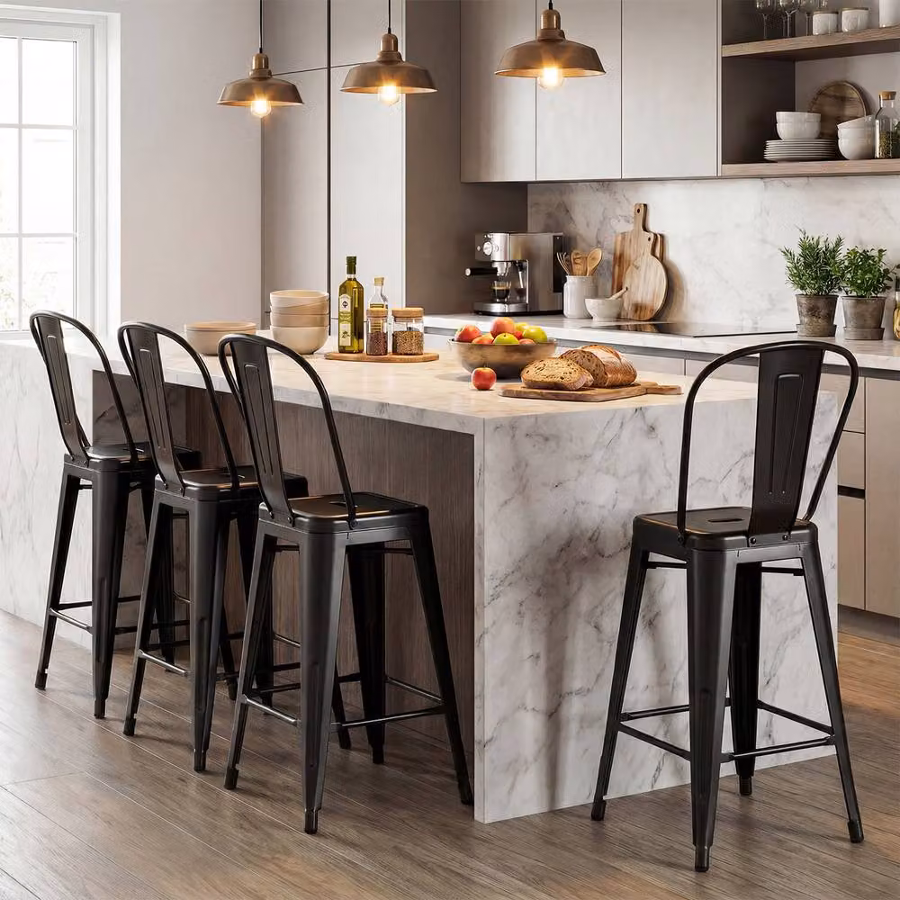 Costway Modern Black Metal Counter Height Barstools with Backrests and Footrests – 3