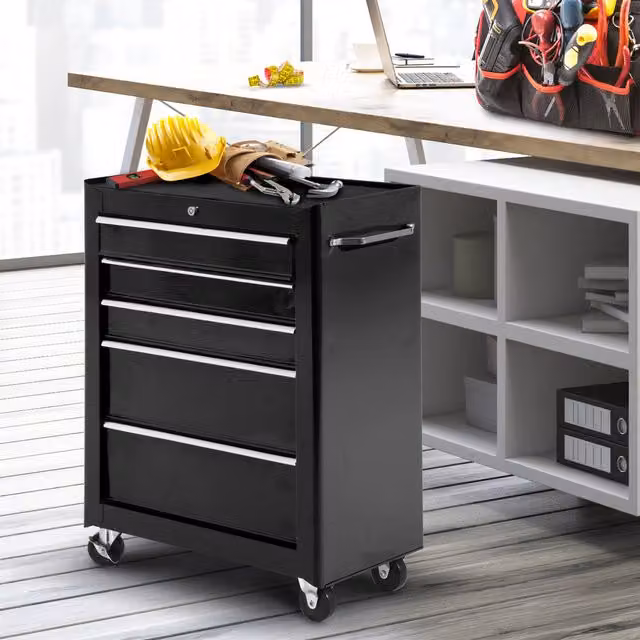 HOMCOM Lockable Steel 5 Drawer Tool Box in Black