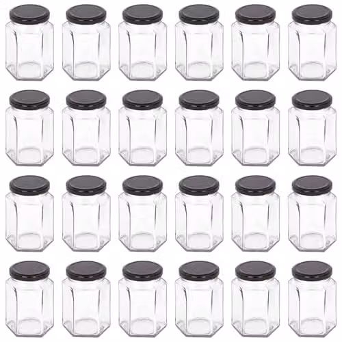 Argon Tableware Set of 24 Hexagonal Glass Jam Jars with Black Screw Top Lids, 250ml – 1