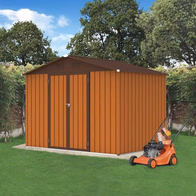 BIRCHTREE Metal Garden Shed with Double Doors in Yellow Coffee, W: 243.84 cm, D: 182.88 cm