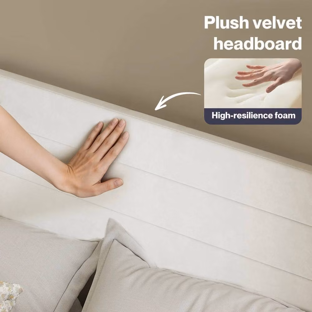 VOGREX Double Velvet Upholstered Bed Frame with Foam Headboard and Slat Support in White, W/D/H: 140 x 200 cm – 3