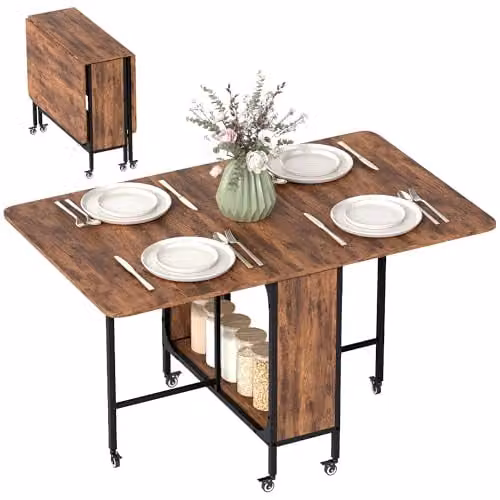 HOMCOM Mobile Folding Dining Table with Drop Leaf, Rustic Brown, W/D/H: 120 x 80 x 74 cm