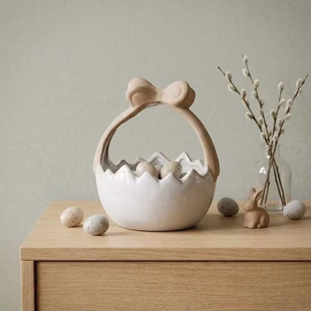 Garden Greatness Multicolour Glazed Ceramic Easter Egg Bow Basket Tabletop Ornament