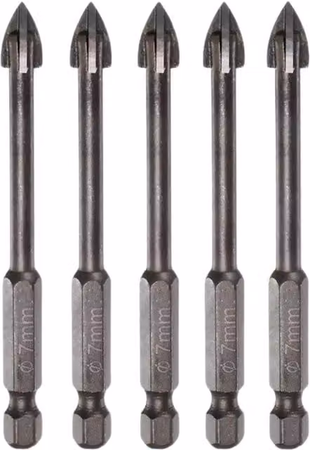OKODOKO 5-Piece Titanium-Coated Masonry Drill Bit Set with 1/4 inch Hex Shank, 7mm, Silver