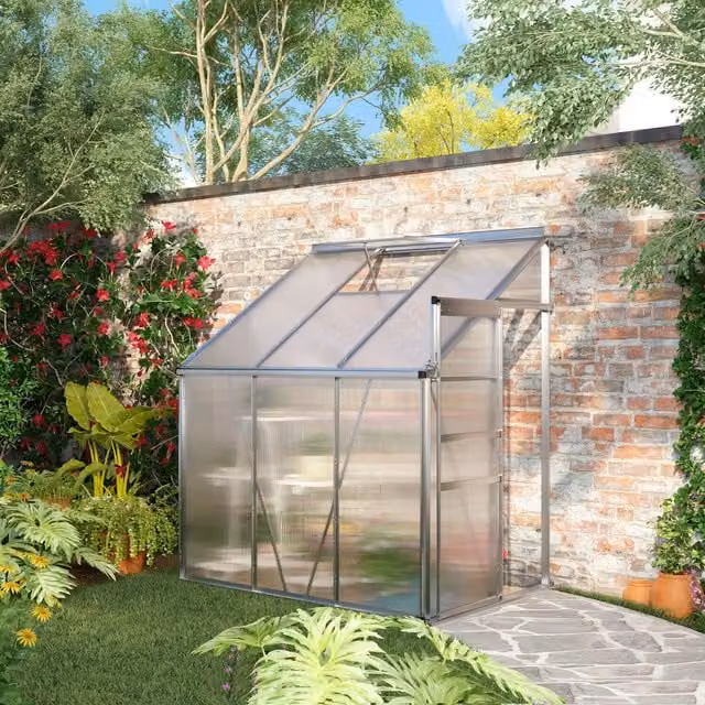 Outsunny Silver and Transparent Polycarbonate Lean-to Pent Greenhouse