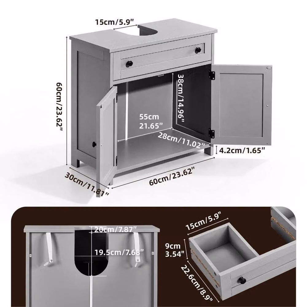 EONLION Grey Under Sink Bathroom Cabinet with Internal Drawers and Hinged Doors, Width: 60 cm – 2