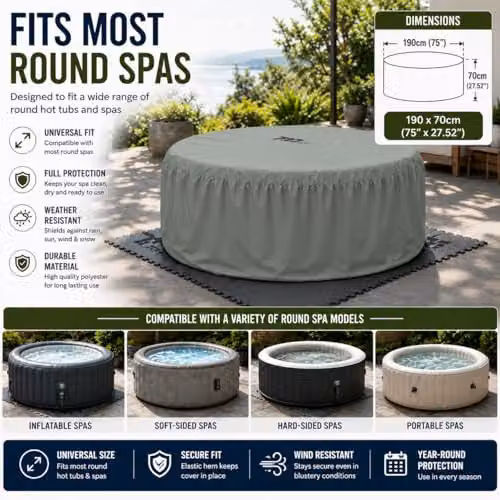 SHATCHI Thermal Round Hot Tub Cover in Grey, W/D/H: 190 x 70 x 70 cm – 10