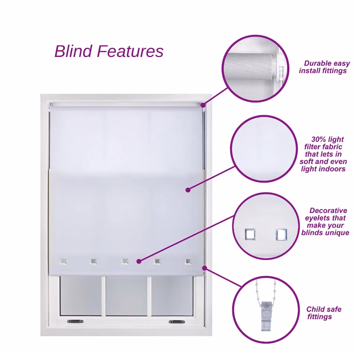 Furnished Daylight Roller Blind in Dark Grey with Chrome Square Eyelets, Width: 65 cm, Drop: 165 cm