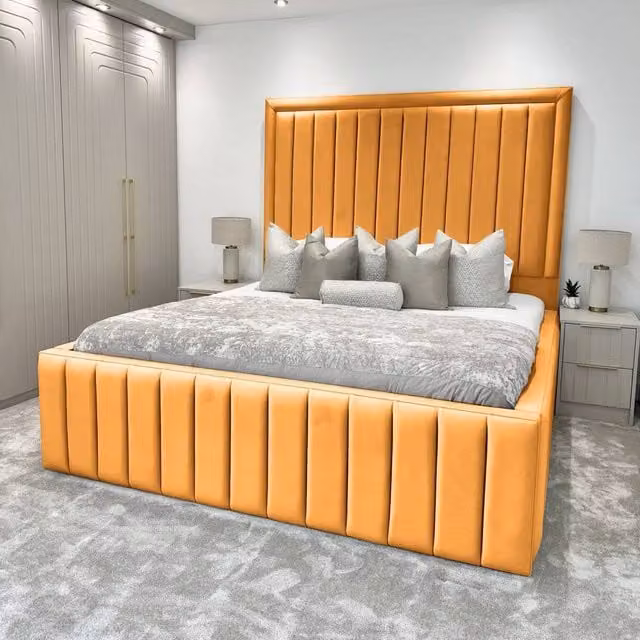 Living Comfort Bedz Hampton Upholstered Slatted Base Bed with 54-Inch Panel Headboard in Yellow Velvet, Super King, W/D/H: 200 x 200 cm