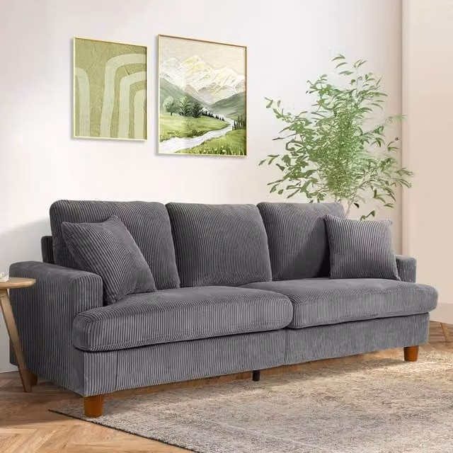 Dprodo Mid Century Modern 3 Seat Cord Upholstered Sofa in Grey, W: 220 cm, H: 76 cm, D: 89 cm