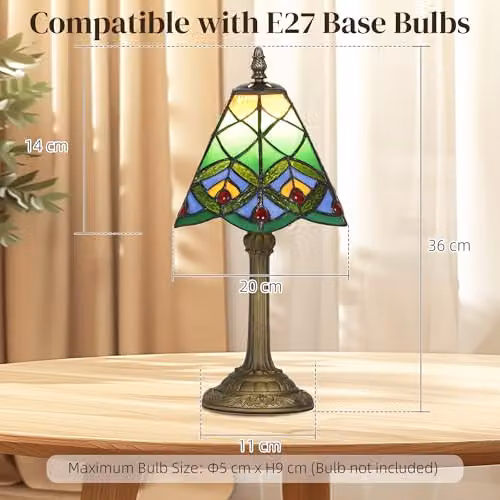 HOMCOM Tiffany-Style Table Lamp with Geometric Glass Patterns in Green and Bronze, E27 Socket – 7