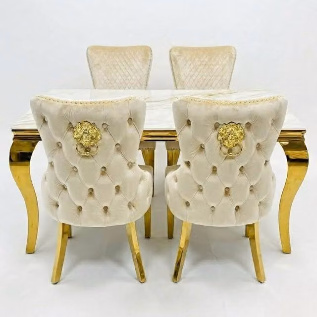 HOME LUXE INTERIOR Sofia Rectangular Marble Dining Table and 4 Victoria Mink Lion Chairs in Cream and Gold – 1