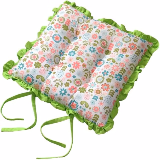 Homescapes Reversible Square Frilled Cushion Seat Pad with Ties in Multicolour Retro Flower Green