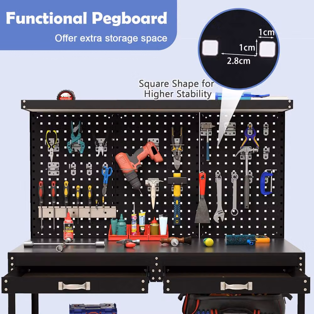 Gymax Metal Workbench with Large Pegboard and Shelves, Black, W: 121 cm, D: 61 cm – 4