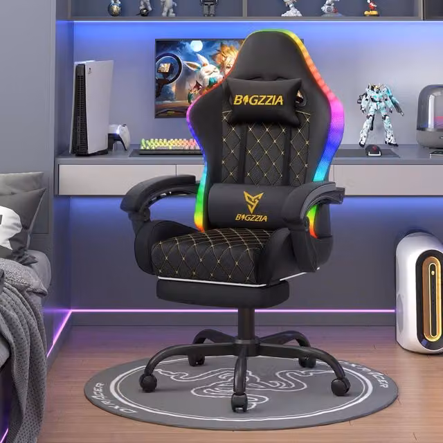 Gartistgo Black PU Leather Gaming Chair with RGB Lights, Footrest and Headrest – 1