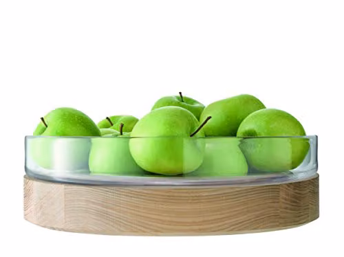 LSA International Lotta Round Glass Bowl with Ash Wood Base, Transparent, Diameter: 31 cm