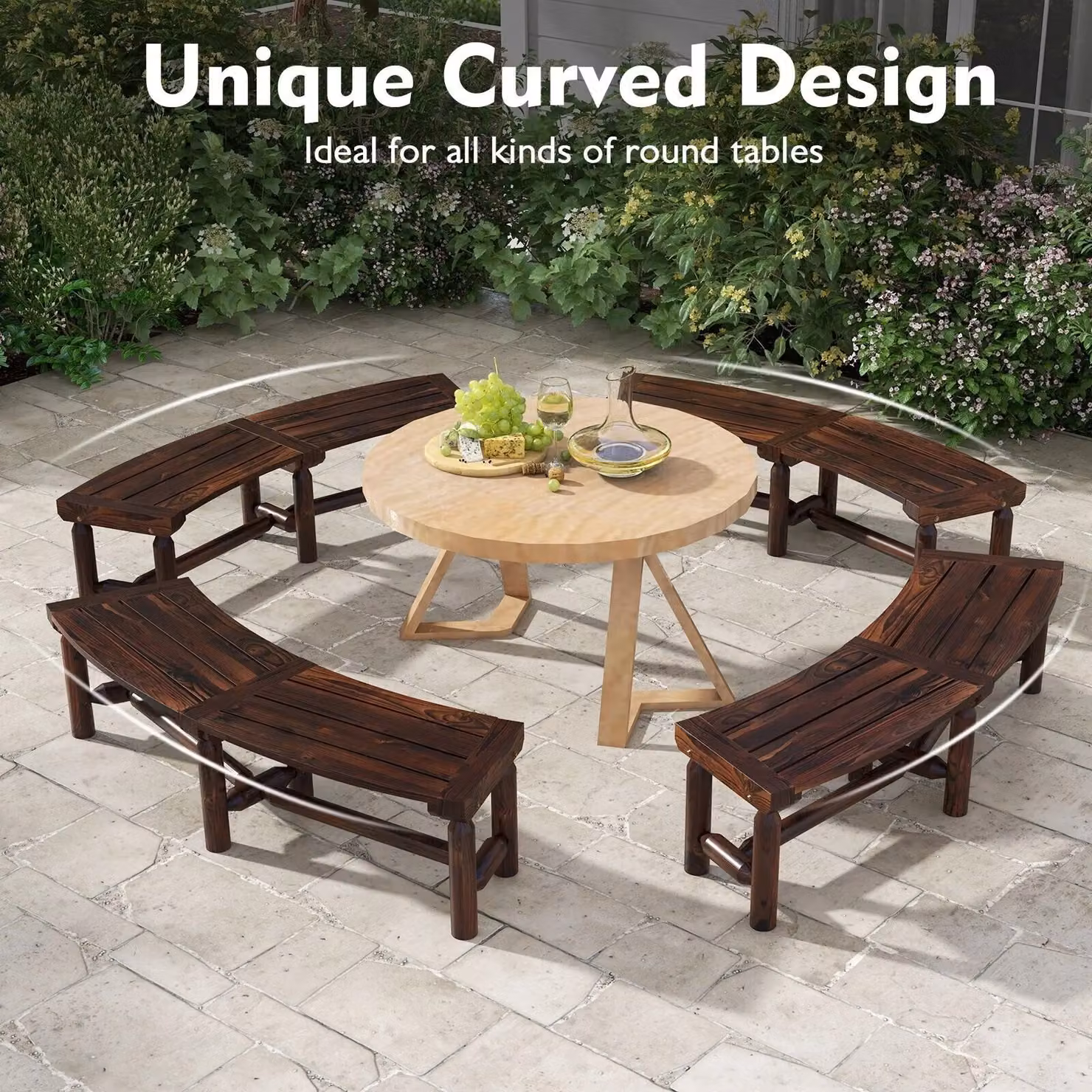 Costway Brown Carbonised Pine Wood Curved Garden Bench and Patio Loveseat – 4