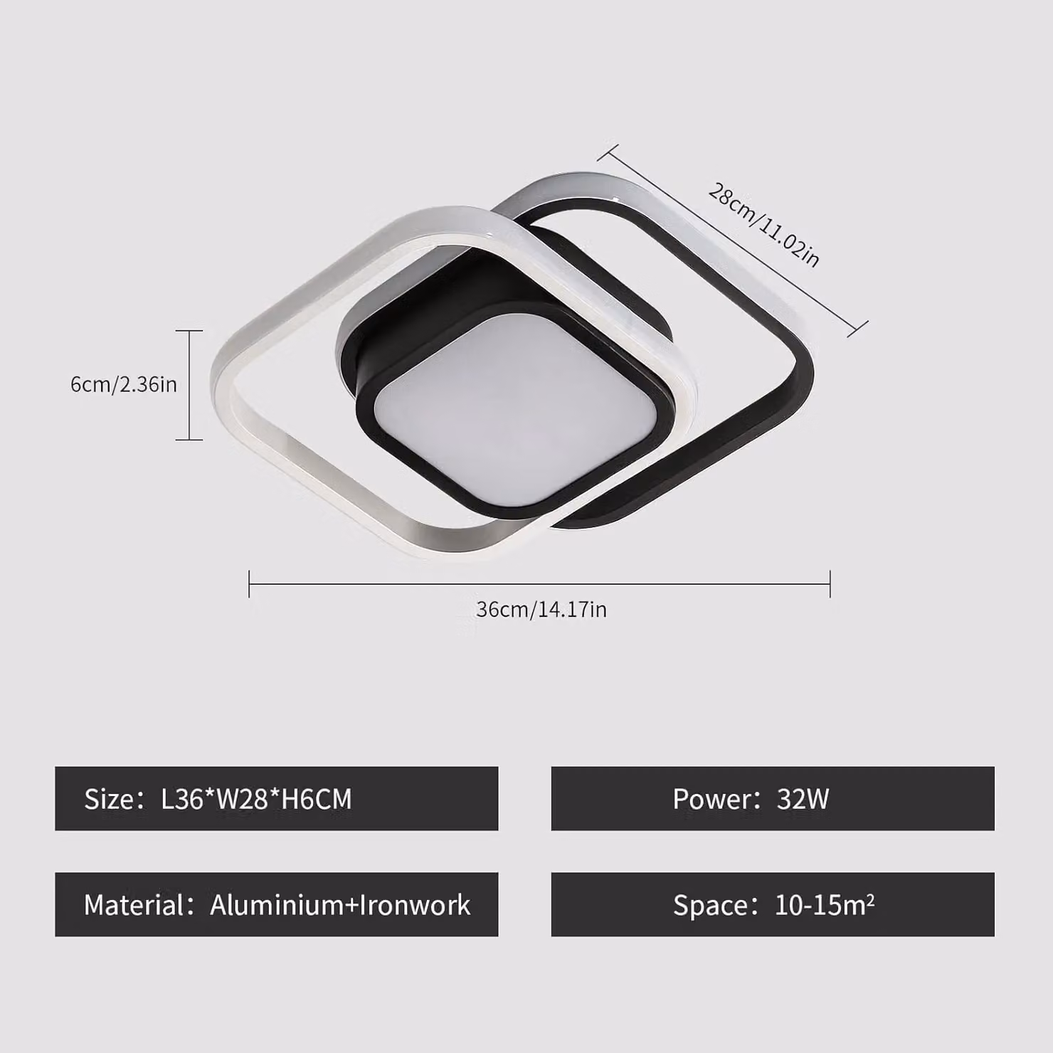 COMELY 32W Square LED Ceiling Light in Black and White with Warm White 3000K Illumination – 3