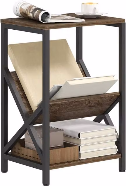 EONLION Industrial Narrow Side Table with 3-Tier Storage, Brown and Black