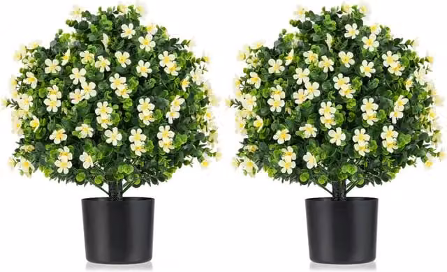 Costway 2 Pack Artificial Round Potted Boxwood Topiary Plants in Green, White and Purple
