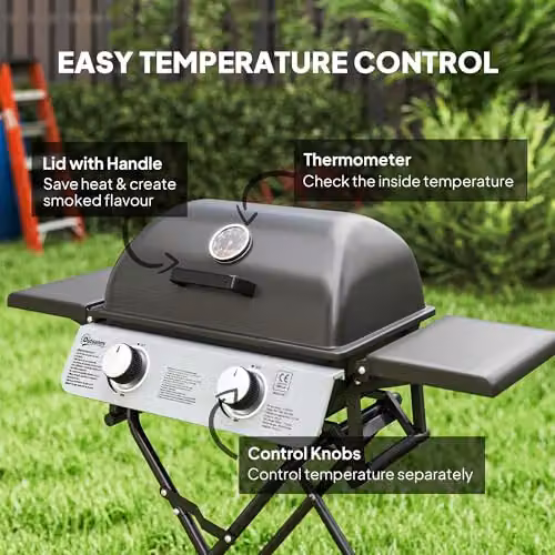 Outsunny Portable Foldable Gas Barbecue Grill with Thermometer and Wheels, Black – 5