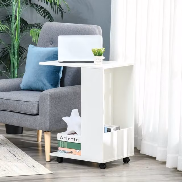 HOMCOM C-Shape Sofa Side Table in White