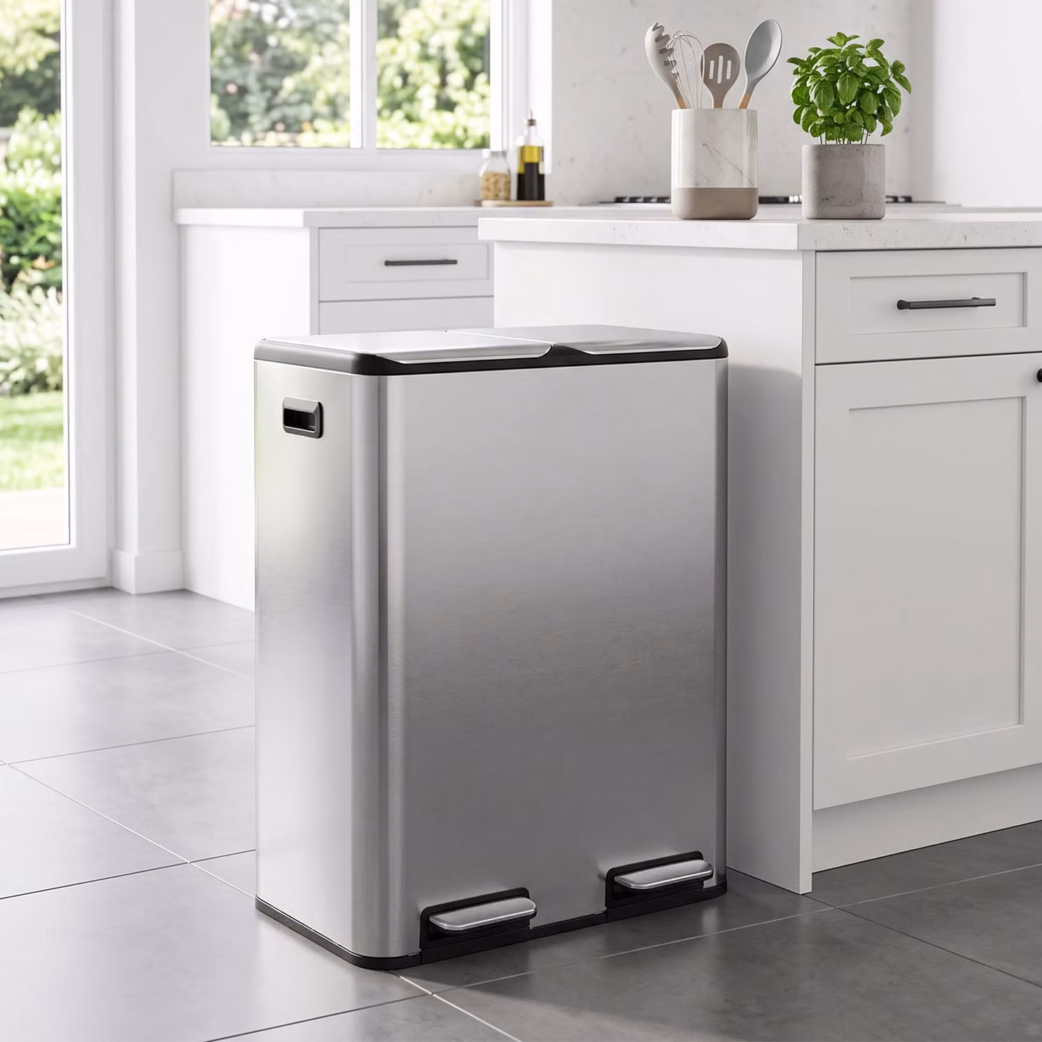 HOMCOM Double Kitchen Bin, 2 x 30L Stainless Steel Pedal Rubbish Bin with Dual Compartments, Soft Close Lids and Odour Filter, Silver Tone – 2