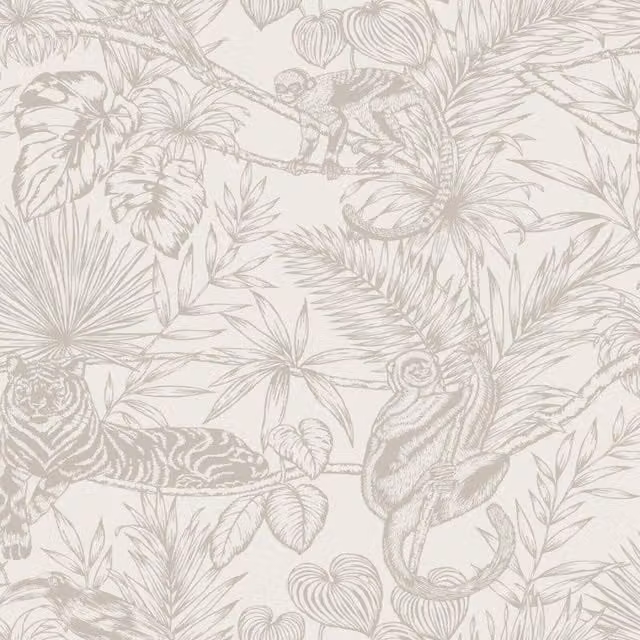 Erfurt Tropical Floral and Animal Patterned Vinyl Wallpaper in White, Silver and Grey
