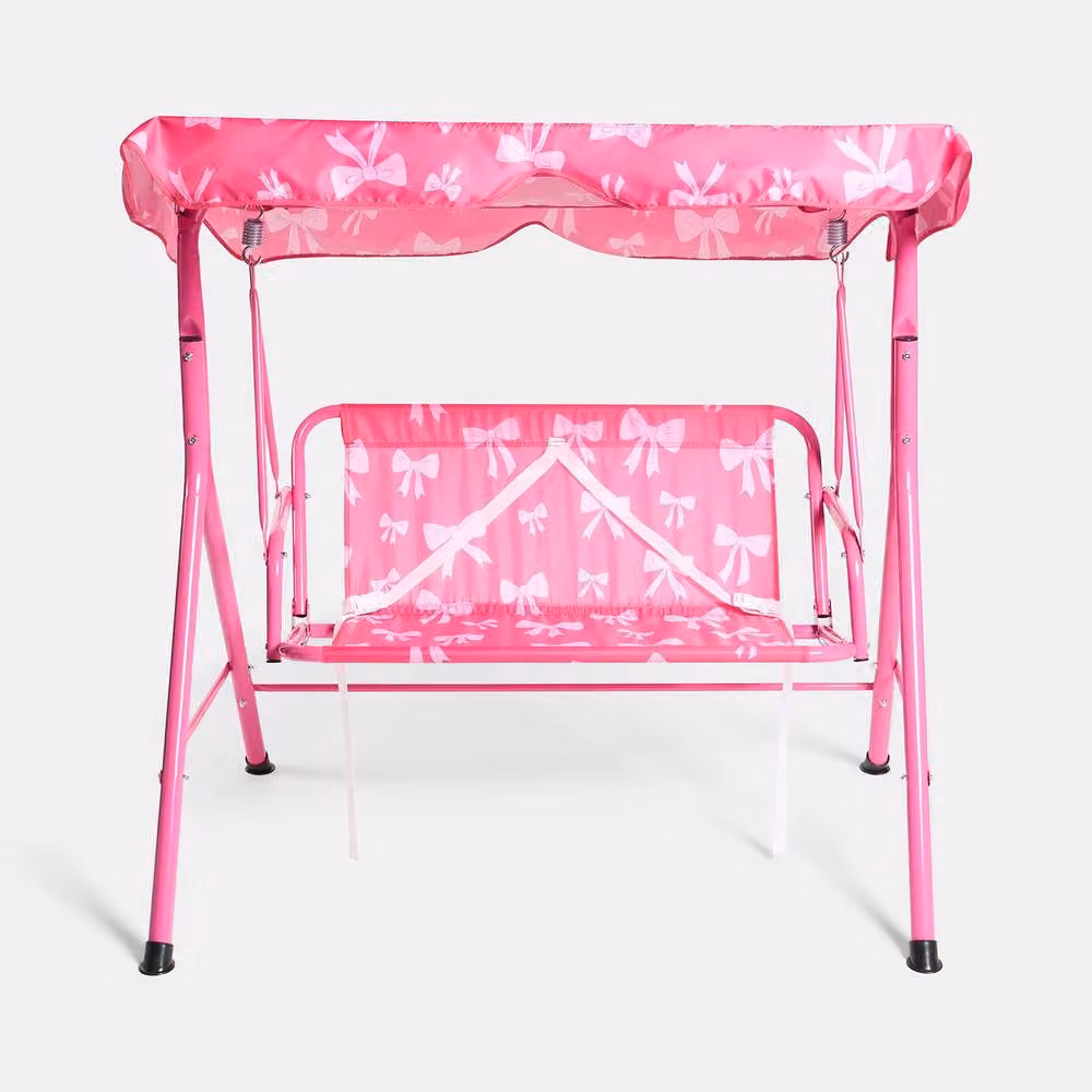 OHS Kids Bows 2 Seater Swing Bench with Sun Canopy in Bright Pink – 2