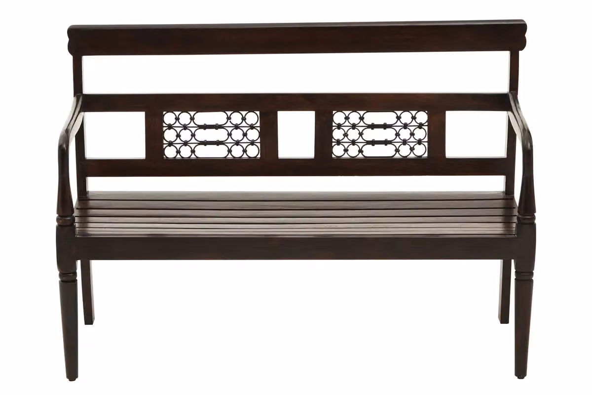 Orsina Vintage-Style Sheesham Wood Bench in Brown with Geometric Iron-Detail Back and Armrests – 5