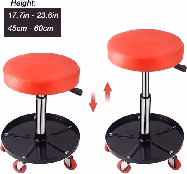 VOGREX Adjustable Height Rolling Mechanic Stool with 360 Swivel and Castors, Multicolour Synthetic Leather and Metal Workshop Seat – 1