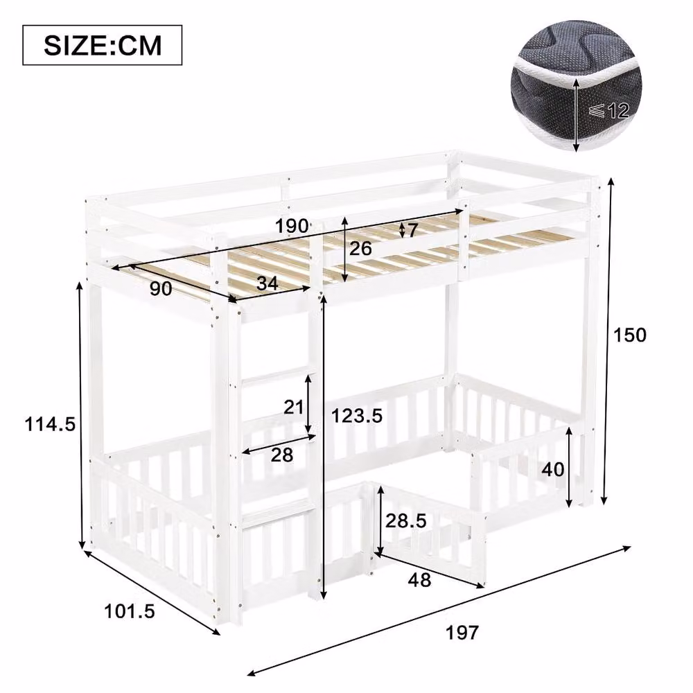Rolipo White Solid Wood Bunk Bed for Children with Safety Fences, W/D/H: 90 x 190 cm – 2