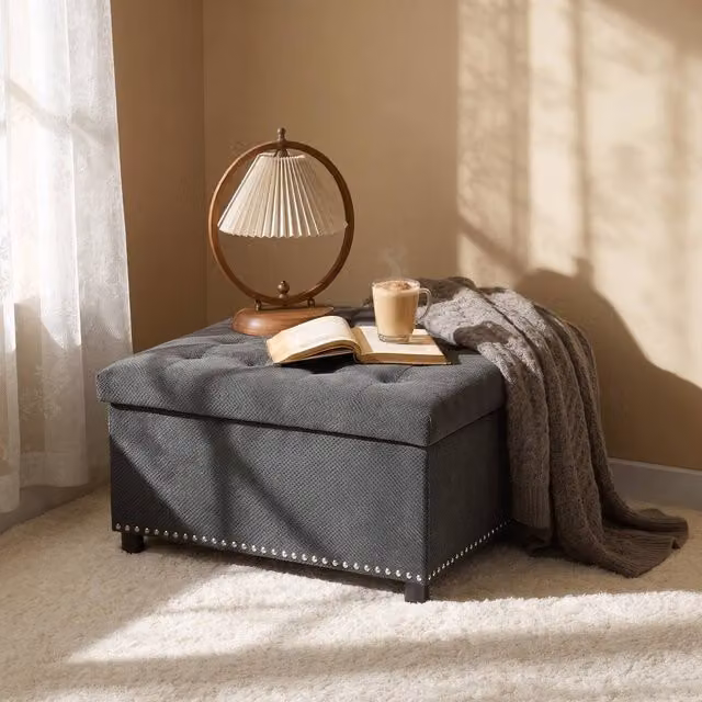 STILVORA Grey Fabric Storage Ottoman Stool with Hidden Storage – 1